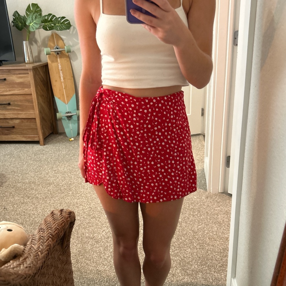 Red floral wrap skort